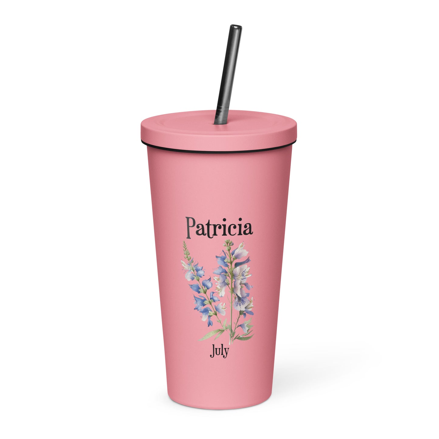 Personalized Name and Birth Month Flower Insulated Tumbler With Straw