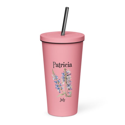 Personalized Name and Birth Month Flower Insulated Tumbler With Straw