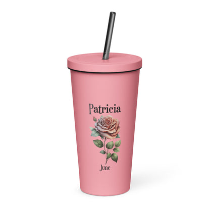 Personalized Name and Birth Month Flower Insulated Tumbler With Straw