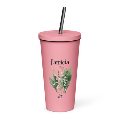 Personalized Name and Birth Month Flower Insulated Tumbler With Straw