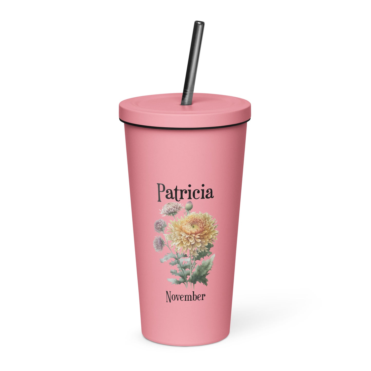Personalized Name and Birth Month Flower Insulated Tumbler With Straw