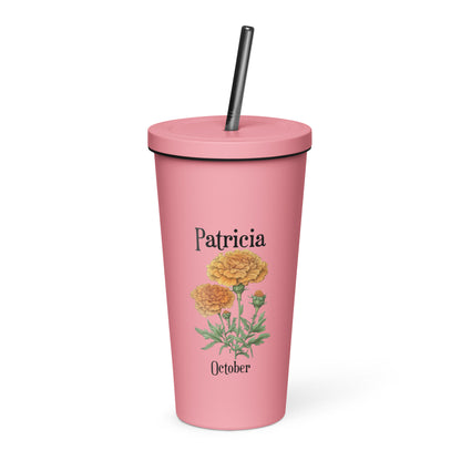Personalized Name and Birth Month Flower Insulated Tumbler With Straw