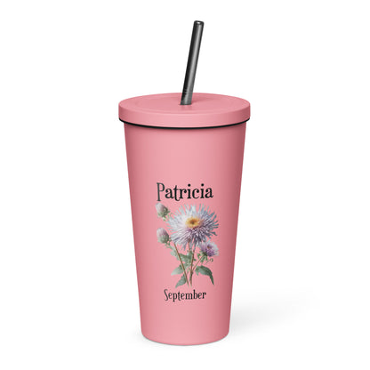Personalized Name and Birth Month Flower Insulated Tumbler With Straw