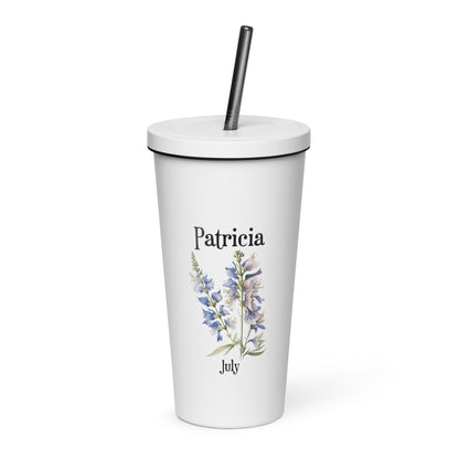 Personalized Name and Birth Month Flower Insulated Tumbler With Straw