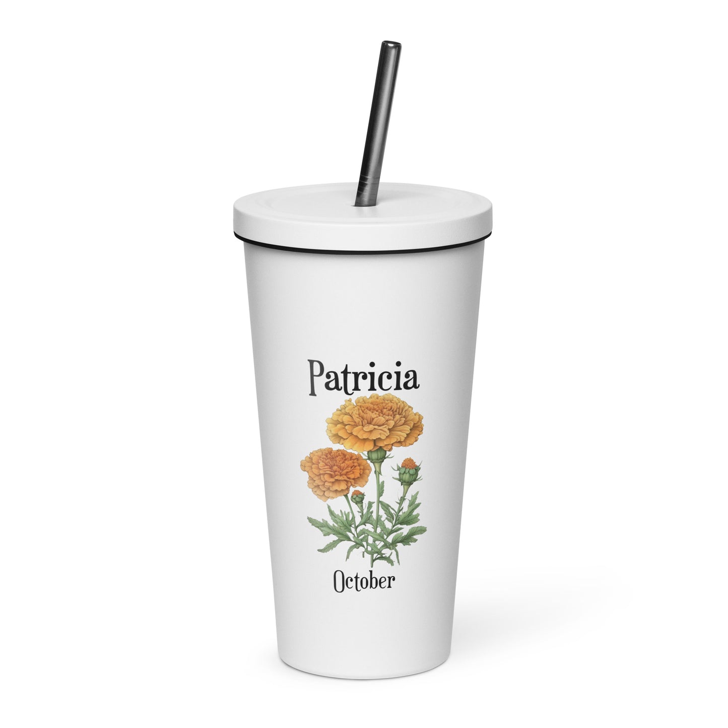 Personalized Name and Birth Month Flower Insulated Tumbler With Straw