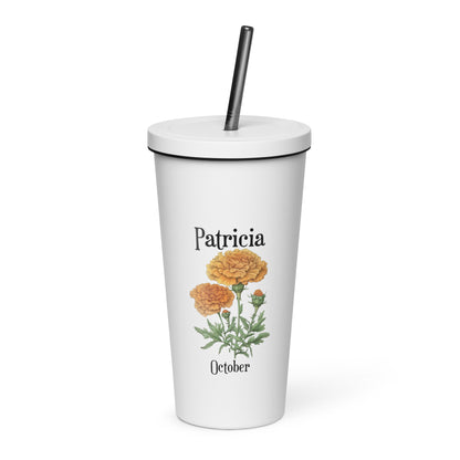 Personalized Name and Birth Month Flower Insulated Tumbler With Straw