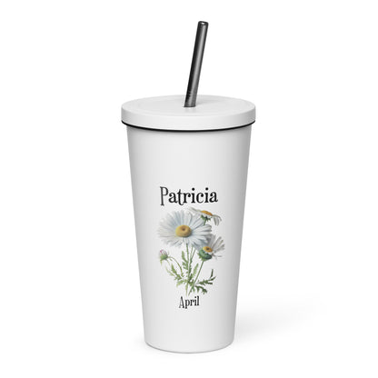 Personalized Name and Birth Month Flower Insulated Tumbler With Straw