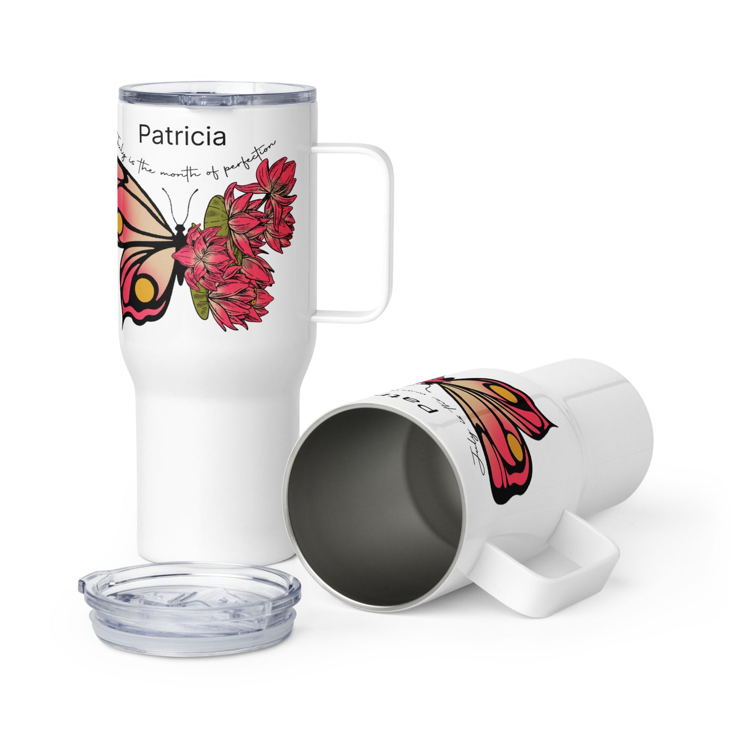 Personalized Name and Birth Month Flowering Butterfly Travel Mug with Handle