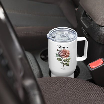 Personalized Name and Birth Month Flower Travel mug with a handle
