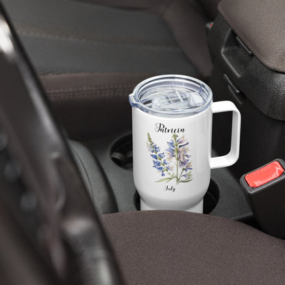 Personalized Name and Birth Month Flower Travel mug with a handle