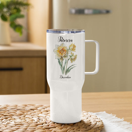 Personalized Name and Birth Month Flower Travel mug with a handle