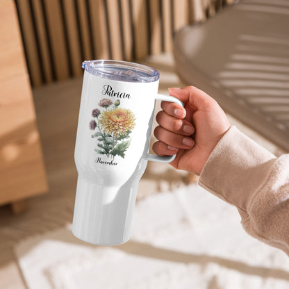 Personalized Name and Birth Month Flower Travel mug with a handle