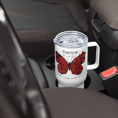 Personalized Name and Birth Month Flowering Butterfly Travel Mug with Handle