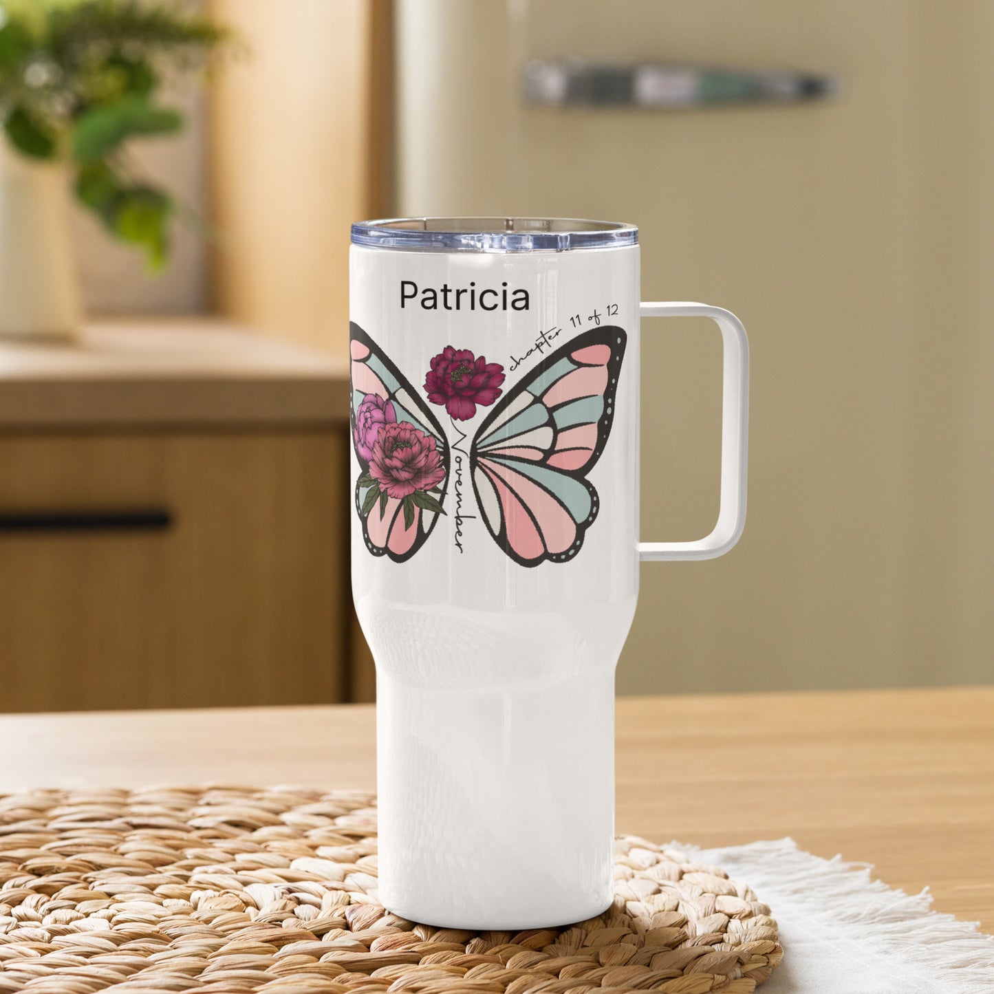 Personalized Name and Birth Month Flowering Butterfly Travel Mug with Handle