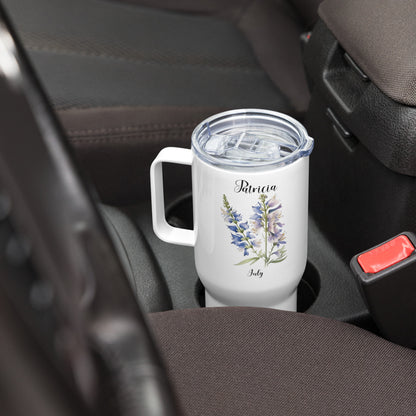 Personalized Name and Birth Month Flower Travel mug with a handle