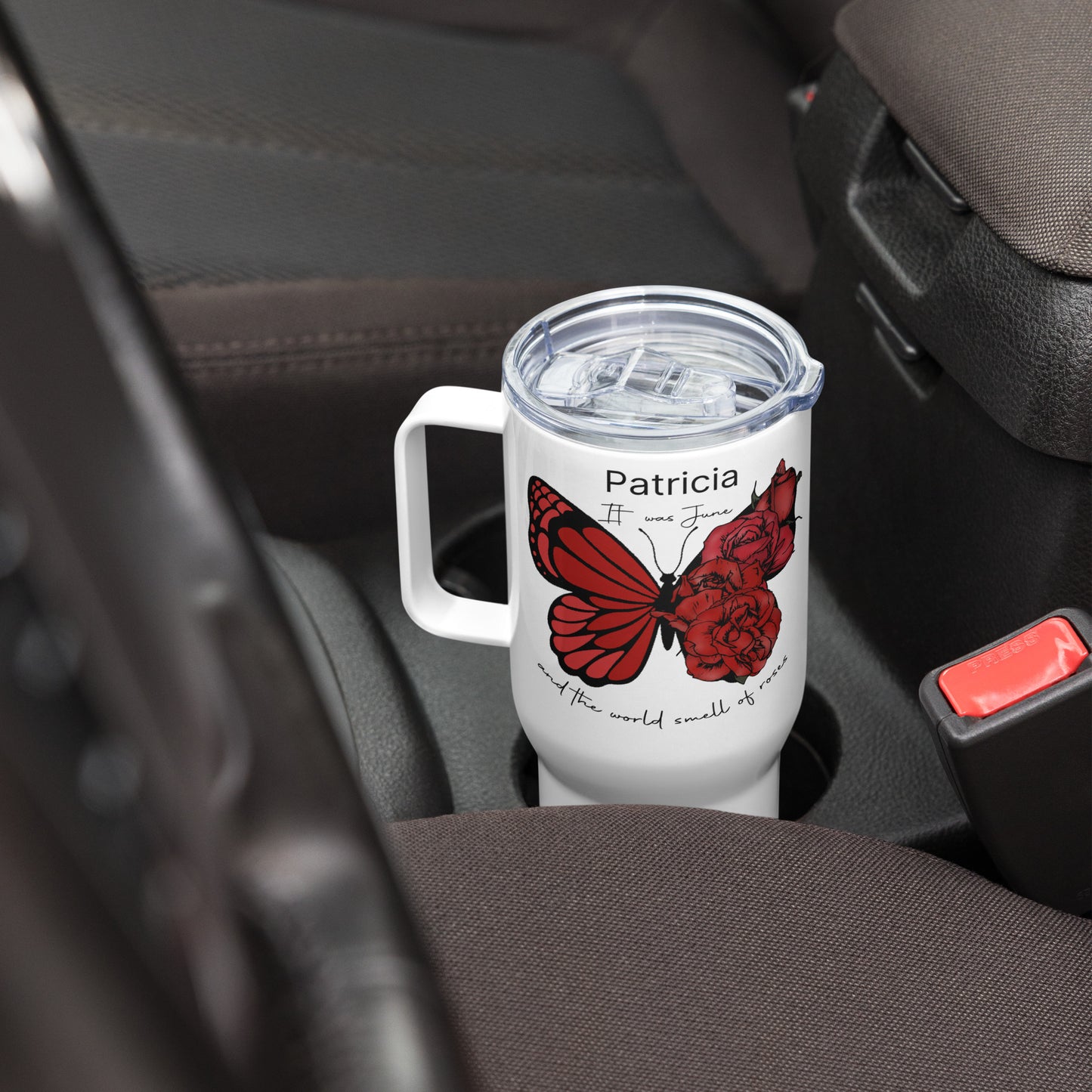 Personalized Name and Birth Month Flowering Butterfly Travel Mug with Handle