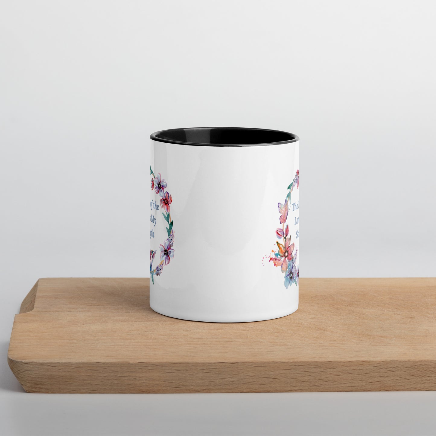The Joy of the Lord With Flowers and Butterflies Mug With Color Inside