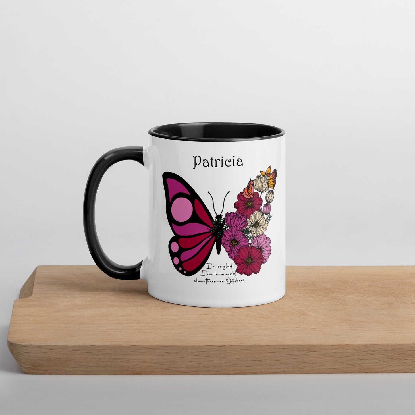 Personalized Name and Birth Month Flowering Butterfly Coffee Cup with Color Inside