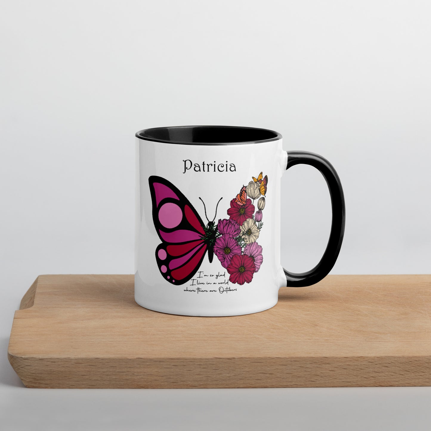 Personalized Name and Birth Month Flowering Butterfly Coffee Cup with Color Inside