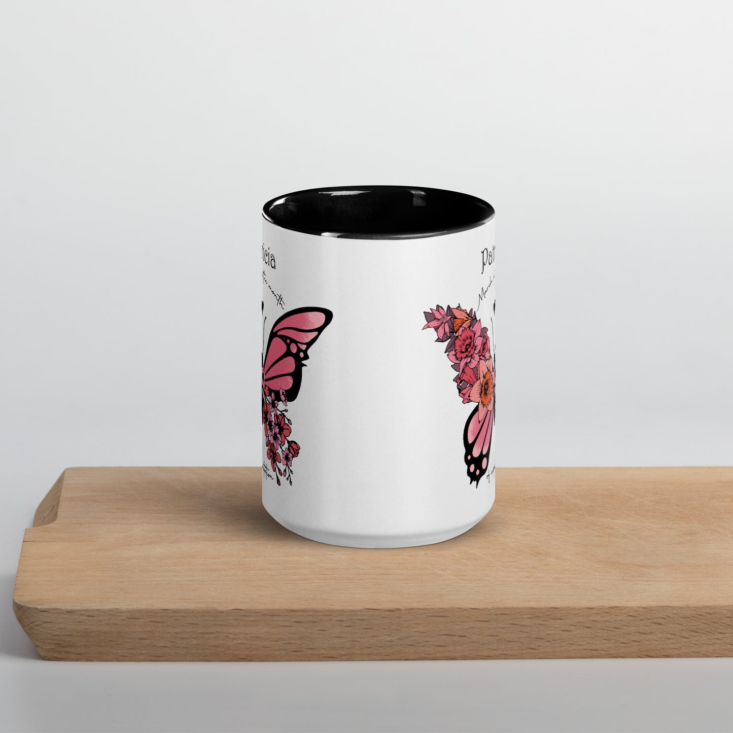 Personalized Name and Birth Month Flowering Butterfly Coffee Cup with Color Inside