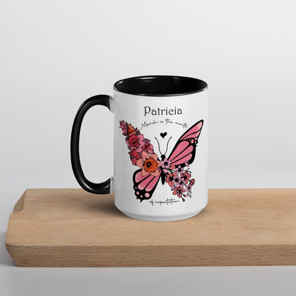 Personalized Name and Birth Month Flowering Butterfly Coffee Cup with Color Inside