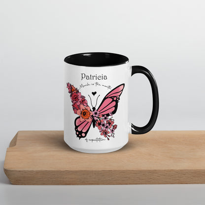 Personalized Name and Birth Month Flowering Butterfly Coffee Cup with Color Inside