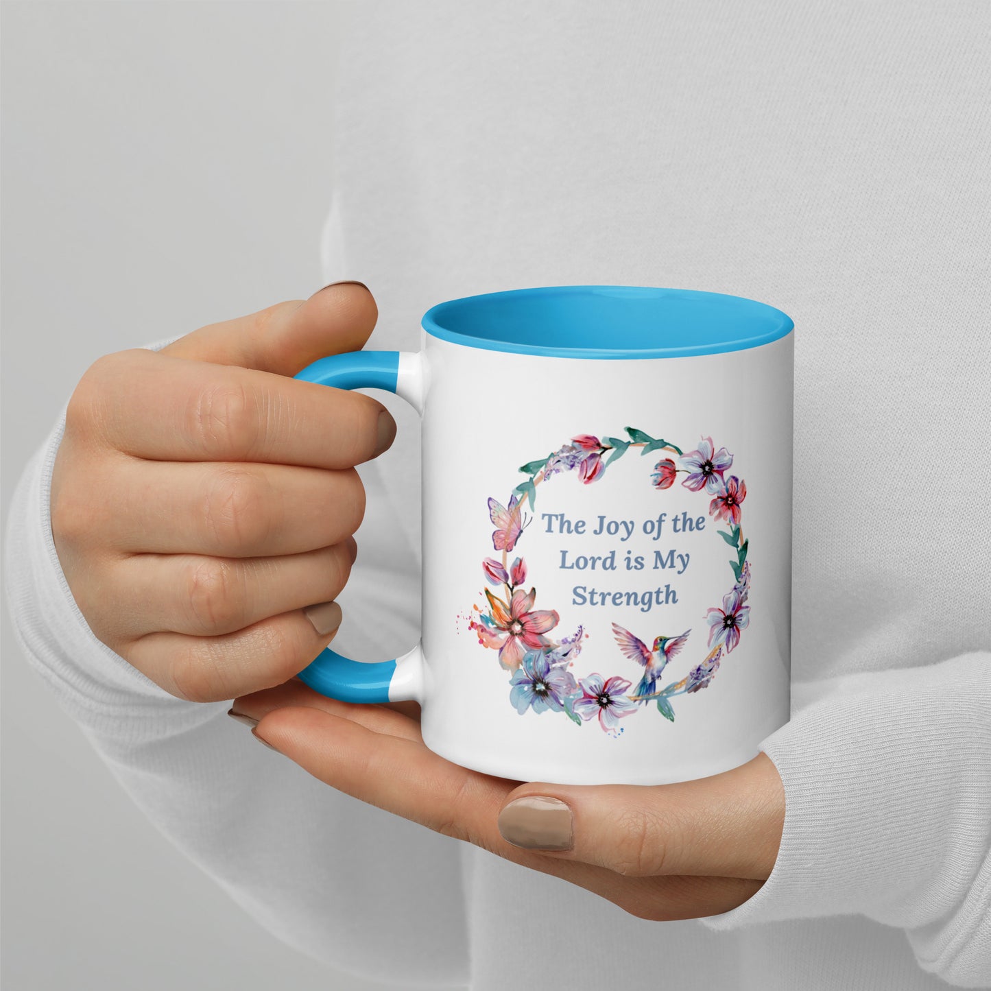 The Joy of the Lord With Flowers and Butterflies Mug With Color Inside