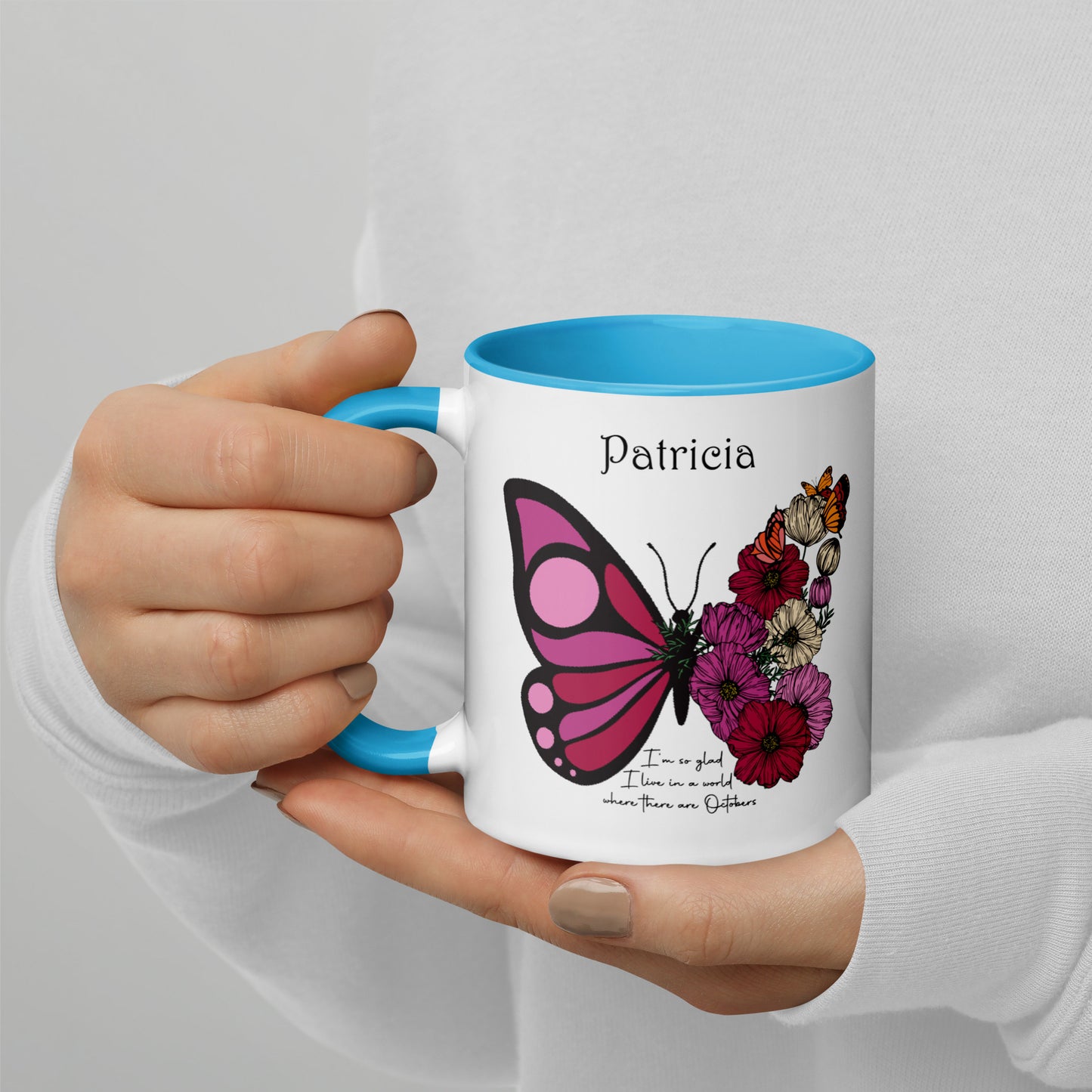 Personalized Name and Birth Month Flowering Butterfly Coffee Cup with Color Inside