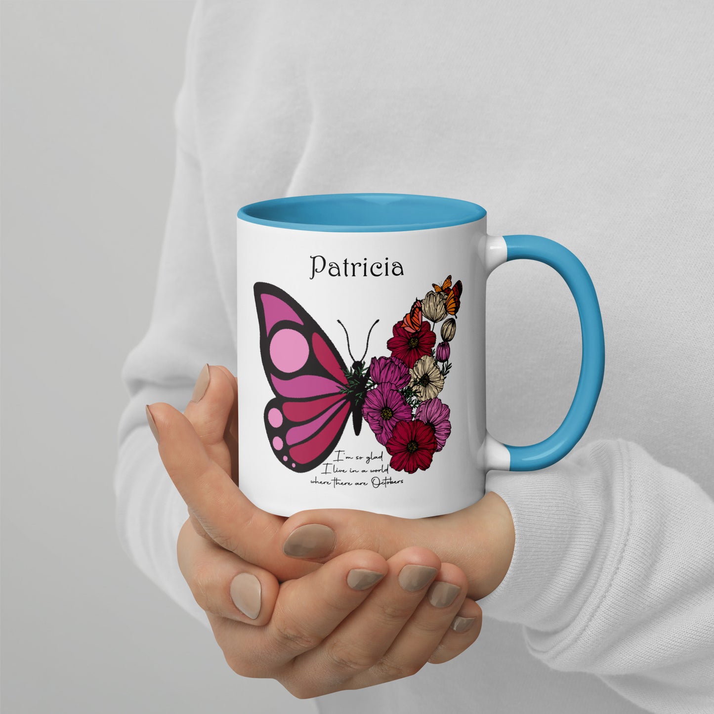 Personalized Name and Birth Month Flowering Butterfly Coffee Cup with Color Inside