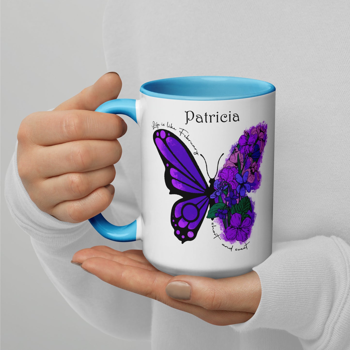 Personalized Name and Birth Month Flowering Butterfly Coffee Cup with Color Inside