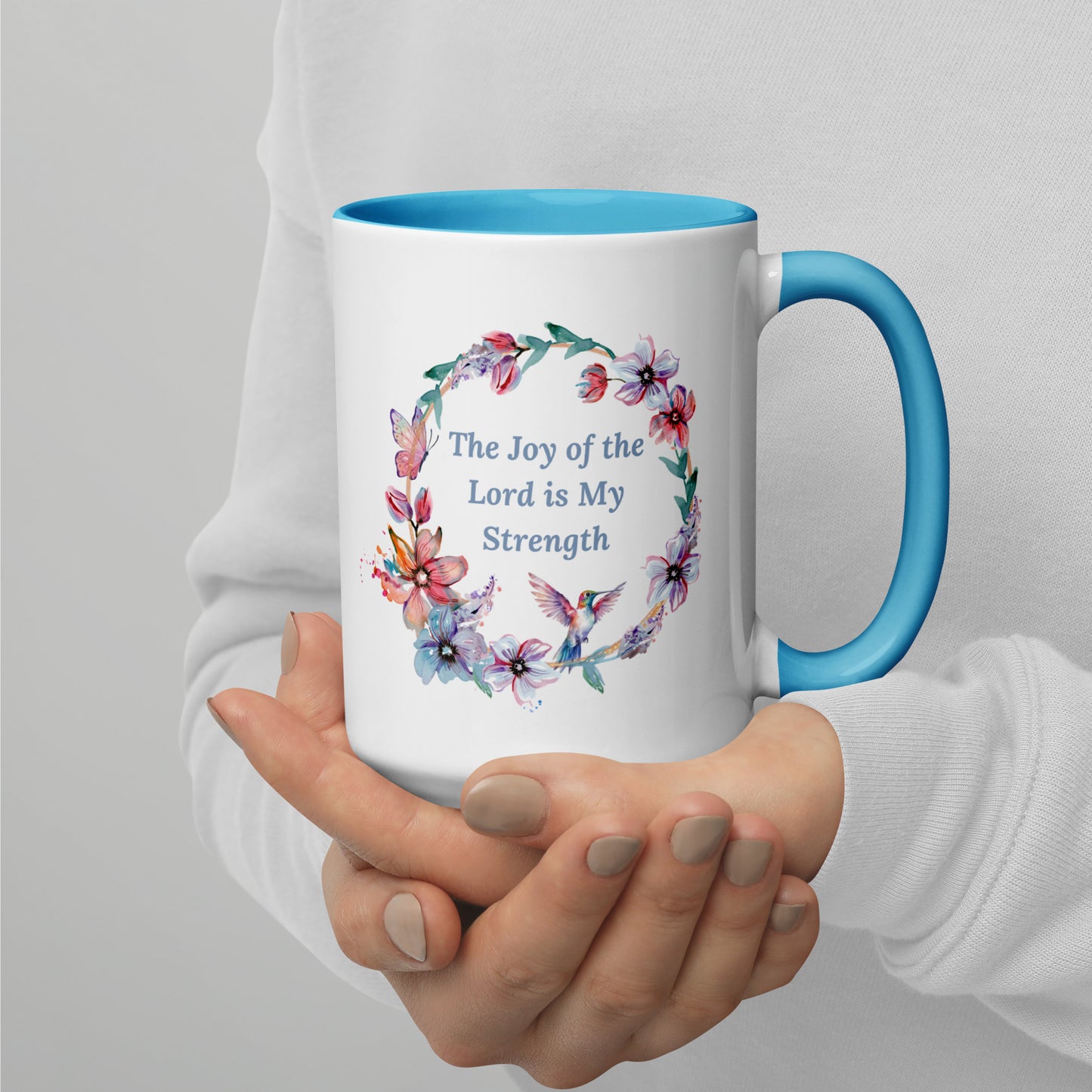 The Joy of the Lord With Flowers and Butterflies Mug With Color Inside