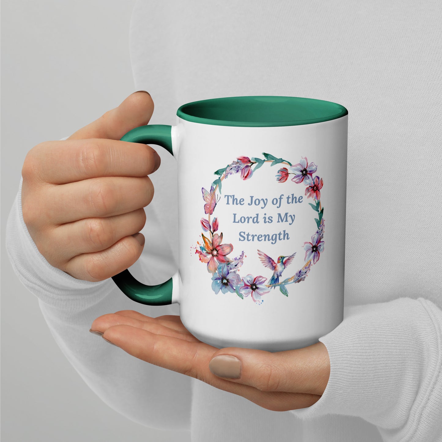 The Joy of the Lord With Flowers and Butterflies Mug With Color Inside