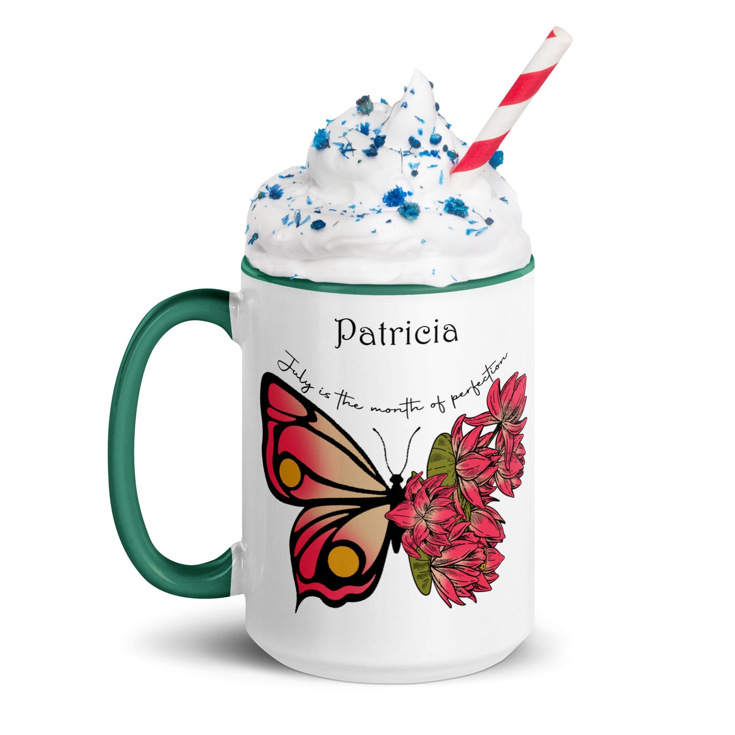 Personalized Name and Birth Month Flowering Butterfly Coffee Cup with Color Inside