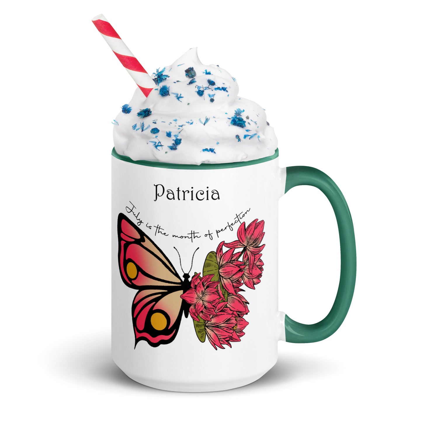 Personalized Name and Birth Month Flowering Butterfly Coffee Cup with Color Inside