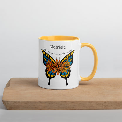 Personalized Name and Birth Month Flowering Butterfly Coffee Cup with Color Inside