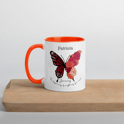 Personalized Name and Birth Month Flowering Butterfly Coffee Cup with Color Inside