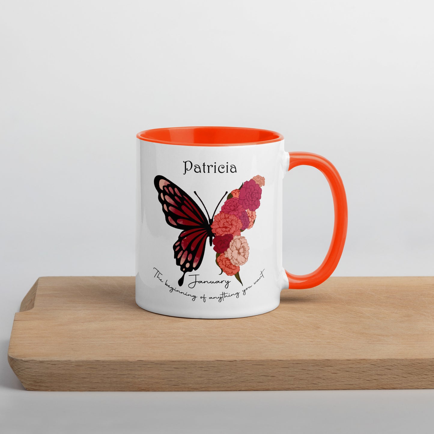 Personalized Name and Birth Month Flowering Butterfly Coffee Cup with Color Inside