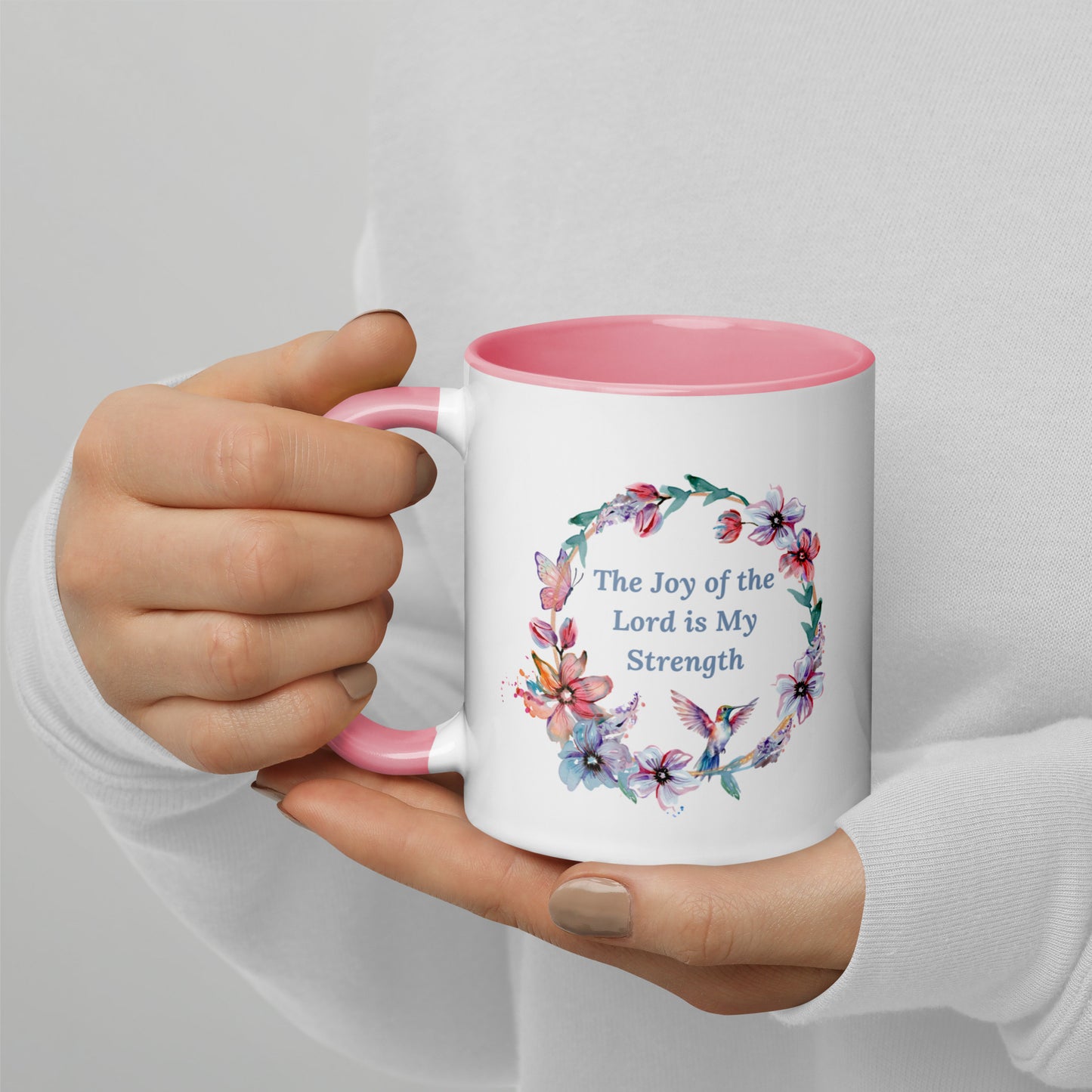 The Joy of the Lord With Flowers and Butterflies Mug With Color Inside