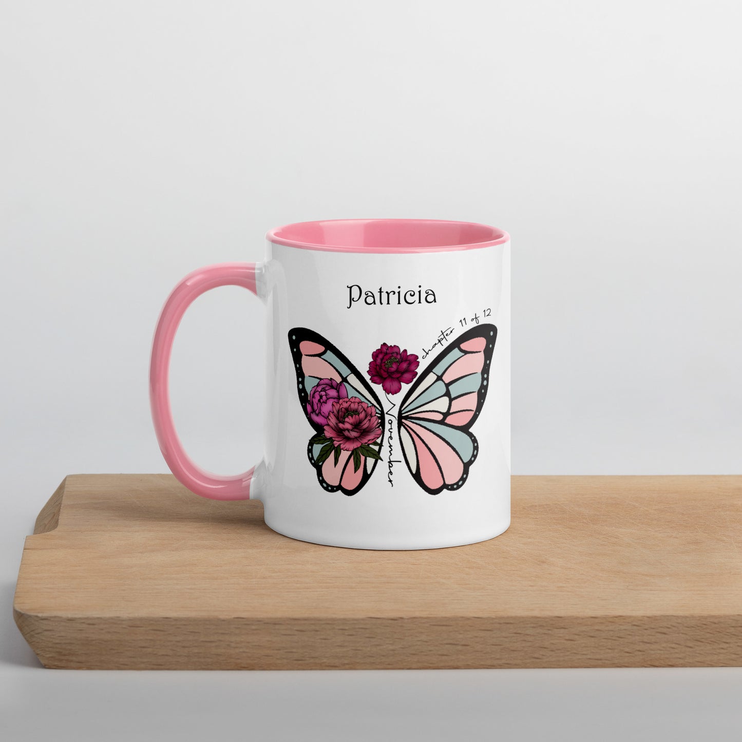 Personalized Name and Birth Month Flowering Butterfly Coffee Cup with Color Inside
