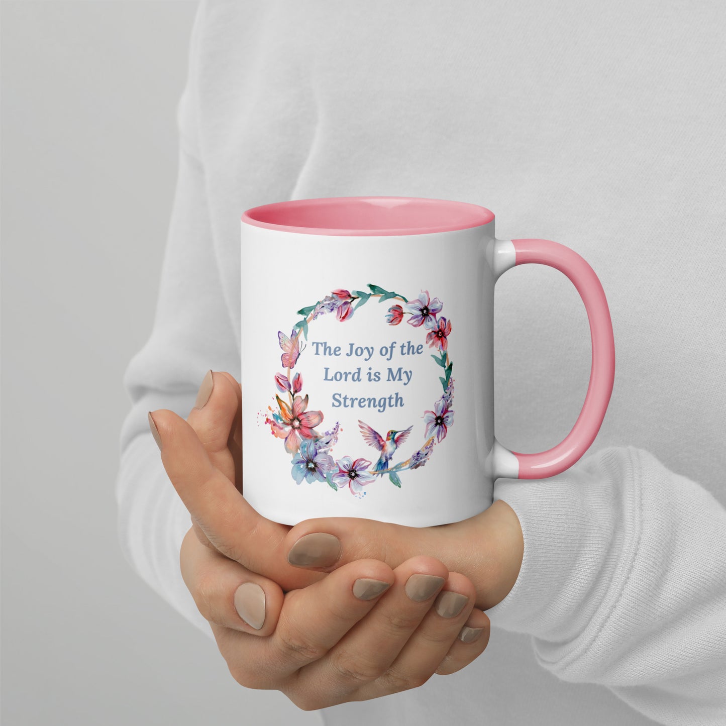 The Joy of the Lord With Flowers and Butterflies Mug With Color Inside