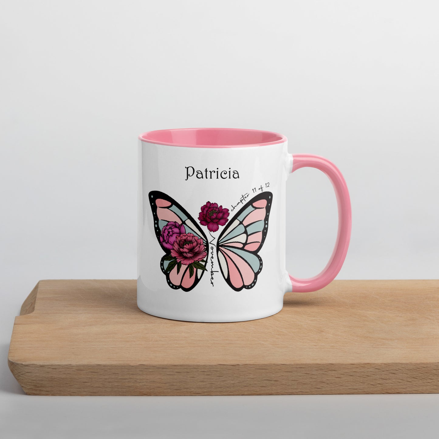 Personalized Name and Birth Month Flowering Butterfly Coffee Cup with Color Inside