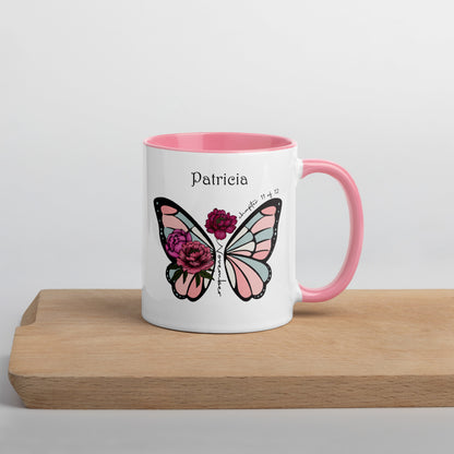Personalized Name and Birth Month Flowering Butterfly Coffee Cup with Color Inside