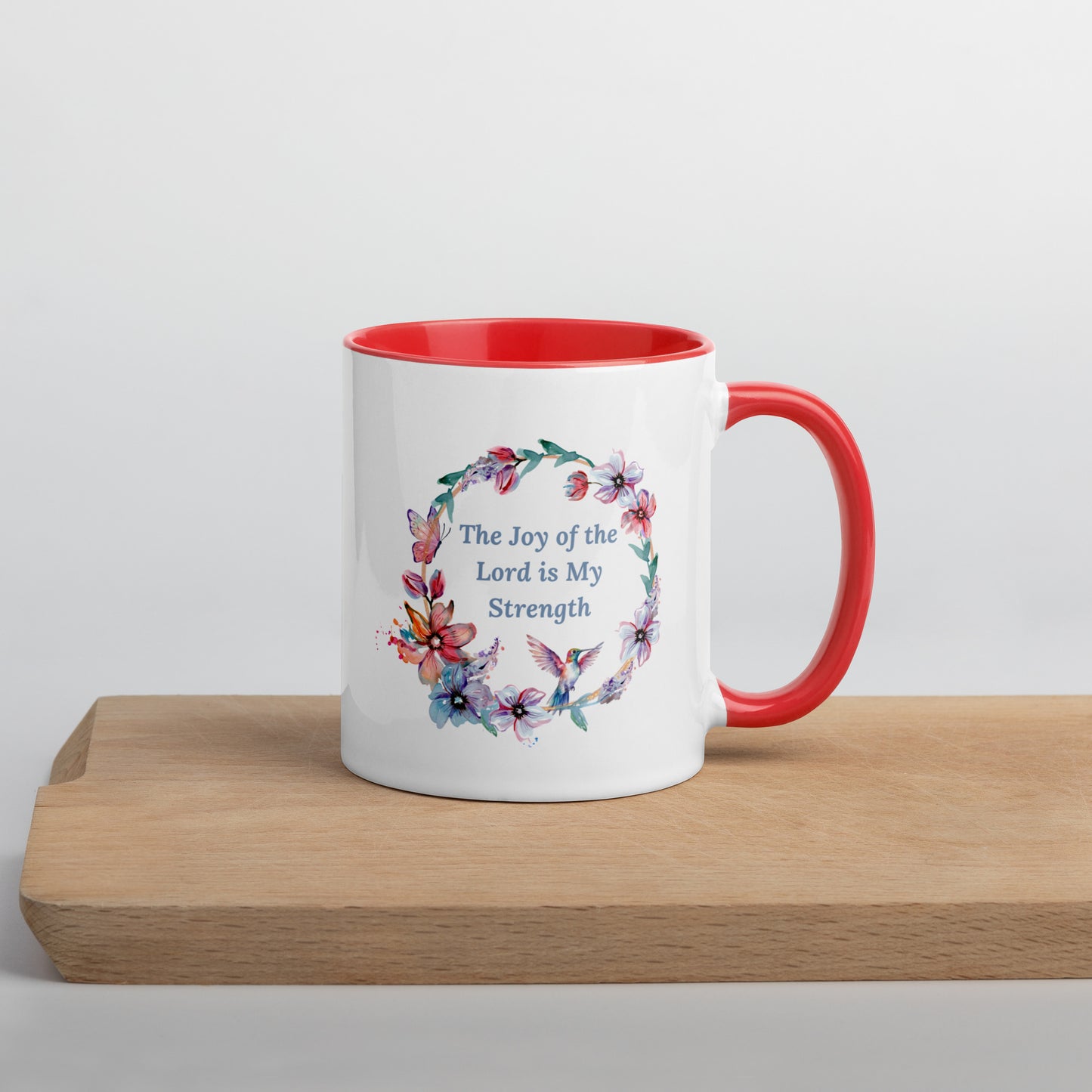 The Joy of the Lord With Flowers and Butterflies Mug With Color Inside