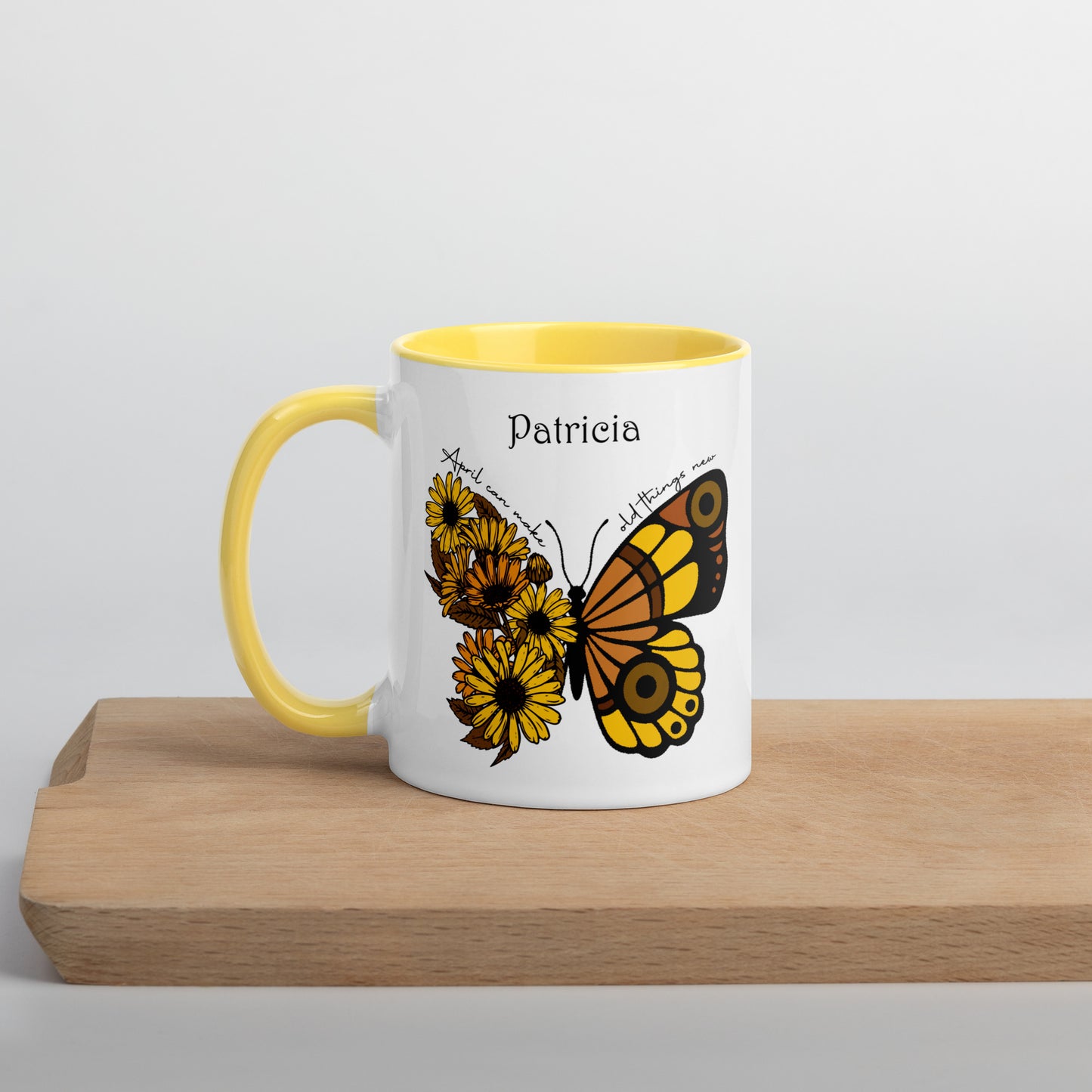 Personalized Name and Birth Month Flowering Butterfly Coffee Cup with Color Inside